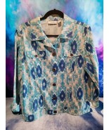 Chicos Tribal Jean Jacket Button Linen Blend Southwest Blue White Turquo... - $367.33 MXN