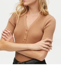 Michael Stars Women&#39;s Tan/Brown Jeanny Knit Short Sleeve Henley Ribbed T... - $37.39