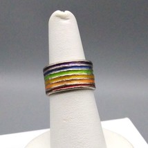 Vintage Wide Rainbow Band Ring, Silver Tone with Enamel Channels - £47.17 GBP
