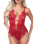 Women&#39;s Red Eyelash Satin Ribbon One Piece Leotard Lingerie Teddy - $462.00 MXN