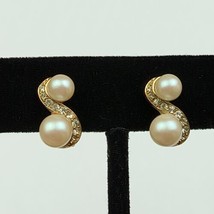 VTG Signed Givenchy Gold Tone Faux Double Pearl Clip On Earrings Stone Accents  - £25.86 GBP