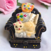 Porcelain Limoges Inspired Kitty Cat On Chair Loveseat Trinket Ring Pill... - $23.76