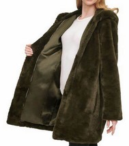 DKNY Women&#39;s Hooded Faux Fur Coat Size M Green Soft Plush Lined DL2MF721 - £92.38 GBP