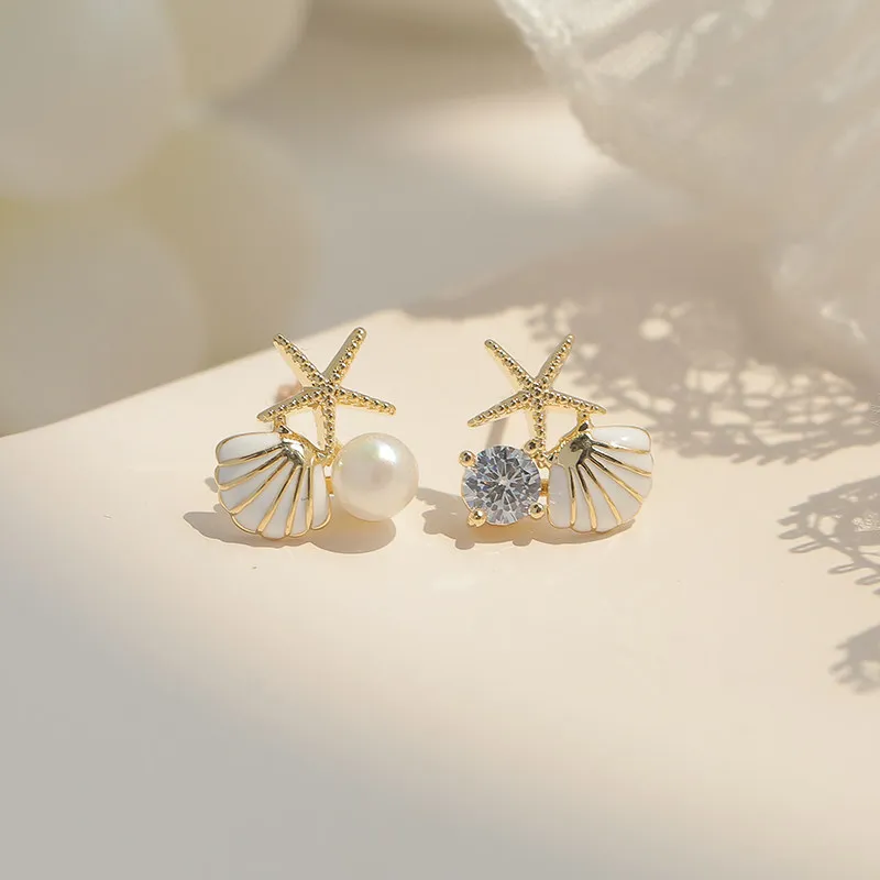 Starfish Shell Stud Earrings for Women Small Cute Imitation Pearl Earrings Banqu - £12.76 GBP