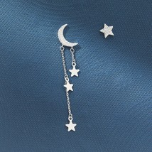 Asymmetrical Earrings 925 Sterling Silver Star Moon Tassel Long Earrings Female  - £10.46 GBP