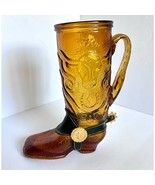 Vintage Large Amber Glass Cowboy Boot Mug with Spurs Leather MCM Bull Horseshoe  - $71.28