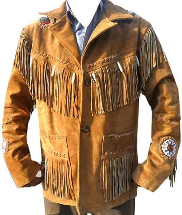 Men's Western Fringed Style Brown Color Suede Leather Bone Beaded Patches Jacket