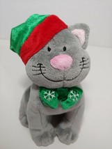 Plush small gray cat red green winter hat snowflake bow Christmas Wal-Mart - £10.15 GBP