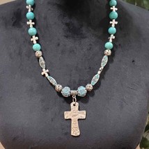 Womens Fashion Turquoise Stone Beaded Tibetan Silver Cross On Pendant Necklace - £23.59 GBP