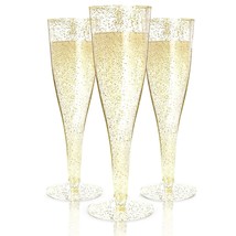 24 Plastic Champagne Flutes Disposable | Gold Glitter Plastic Champagne Glasses  - £22.37 GBP