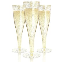 24 Plastic Champagne Flutes Disposable | Gold Glitter Plastic Champagne ... - £22.11 GBP