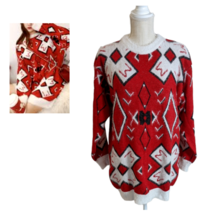 Womens Red White Fuzzy Cozy Argyle Long Tunic Sweater Sz Large - £11.20 GBP