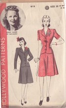 Hollywood Pattern 815 Sz 20 Misses’ 40&#39;S Two Piece Suit Wendy Barrie - $24.00