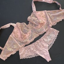 Victoria&#39;s Secret longline unlined 36D BRA SET S PINK gold foil lace sequined - £54.72 GBP