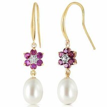 14K Solid Yellow Gold Fish Hook Earrings w/ Diamonds, Amethysts &amp; Pearls - £357.91 GBP