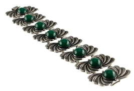 Vintage Taxco Mexico Sterling Silver &amp; Green Stone Panel Bracelet 7.25&quot; - $391.05