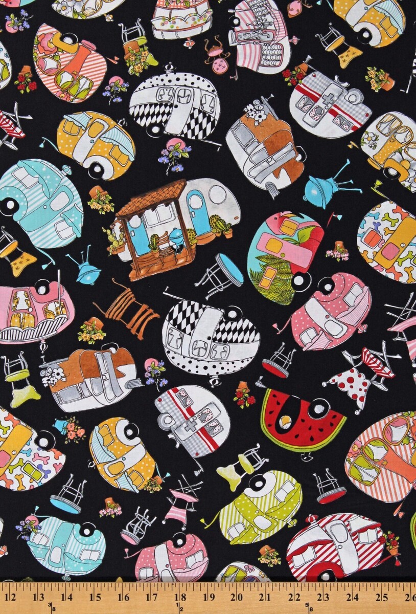 Cotton Trailers Campers Travel Trailer Toss Black Fabric Print by Yard D... - $13.95