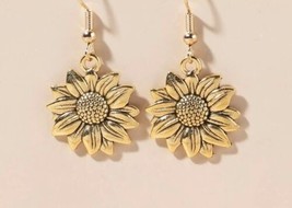 Earrings Sunflower Drop Dangle Fashion Jewelry Flower Gold New - £9.30 GBP