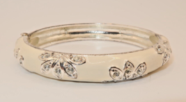 Avon Enamel Hinged Bangle Bracelet Vintage White Silver &amp; Rhinestones - £7.58 GBP