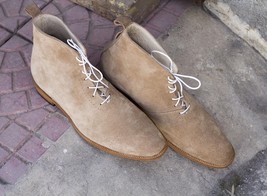 Handmade Men&#39;s Beige Suede Cap Toe Ankle High Boots, Men Fashion Lace Up Boots - £128.19 GBP