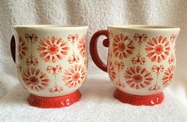 2 Pioneer Woman Coffee Cups Mugs Ivory &amp; RED FLORAL Stoneware - £21.23 GBP