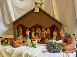 Vintage 22pc Chalkware Nativity Figures &amp; Animals Made In Japan Stable w/ Light - £49.83 GBP