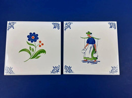 Water Bearer &amp; Flower 2 Vtg Retro 1970s Tile Trivet Hanging 6inch Decorative - £12.57 GBP