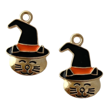 Halloween Cat Charms Witch Hat Orange Black Gold Bead Drops 24x15mm Pendants - £3.35 GBP