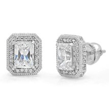 4CT Emerald Simulated Diamond Halo Stud Earrings 14k White Gold Plated Silver - £60.95 GBP