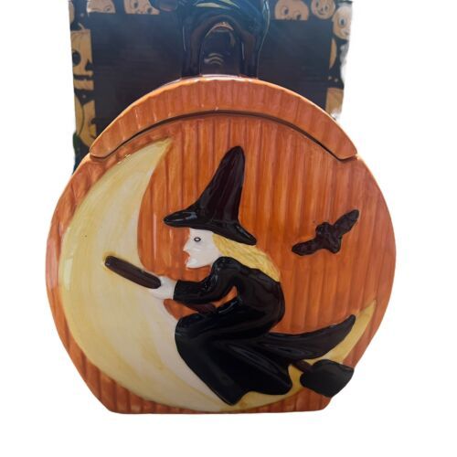 Primary image for Vintage Cracker Barrel Witch Moon Black Cat on Lid Halloween Orange Cookie Jar
