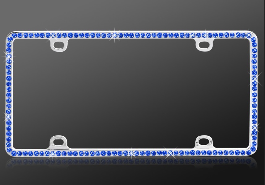 Blue Crystal License Plate Frame – Chrome Metal, Single Row Rhinestones - $21.99