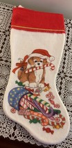 Dog Christmas Stocking 16 In Red White Felt Brown Puppy Santa Red Bow Candy Cane - £10.27 GBP
