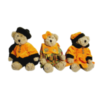 Artisan Flair Fall Autumn Bears 3 Piece Set 11 Inch Orange Green Velvet Dressed - £27.69 GBP