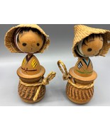 Vtg Japanese Kokeshi Dolls Woven Hats Wooden Bases Set of 2 - $24.63