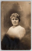 RPPC Pretty Young Woman Surrounded By Clouds Studio Photo Postcard O28 - £10.14 GBP