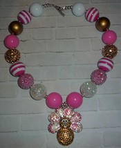Brown &amp; Pink Turkey Bling Pendant on Chunky Bubble Gum Bead Necklace - £15.85 GBP