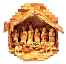 Large Crib + Nativity Set Made in Olivewood From Bethlehem - £223.48 GBP