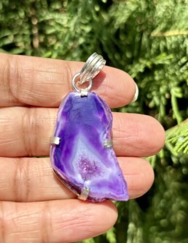 925 Sterling Silver Plated, Purple Druzy Geode Agate Stone Pendant, Heal... - $12.08