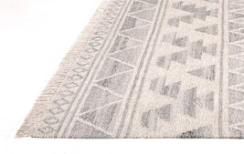 8&#39; X 10&#39; Ivory Gray And Blue Wool Geometric Dhurrie Flatweave Handmade Area Rug - £674.27 GBP+