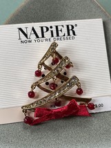 Estate Napier Clear Rhinestone Goldtone Zig Zag w Red Bead Dangles &amp; Ribbon Chri - £18.95 GBP