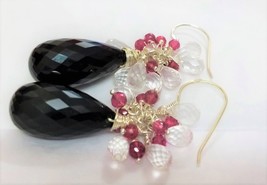 Natural Black Onyx, Rose Quartz Drops and Rubellite Beads Silver Earrings - £79.93 GBP