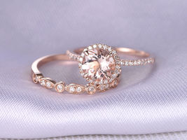 1.20Ct Round Cut Morganite Halo Engagement Bridal Ring 14K Rose Gold Finish  - £80.17 GBP