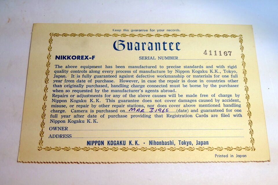 Nikon warranty card 1965 model Nikkorex-F vintage - $25.68