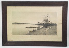 Antique Print Vintage Etching Lakeside Scene Fishing Boat at Pier Cabin in Frame - £408.70 GBP