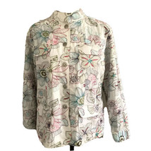 Chico&#39;s Floral Embroidered Snap Front Pocket Jacket 2 Large Cotton Lined - £27.18 GBP