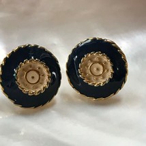 Estate Navy Blue Enamel &amp; Goldtone Nautical Ship’s Wheel Post Earrings for Pierc - £6.46 GBP