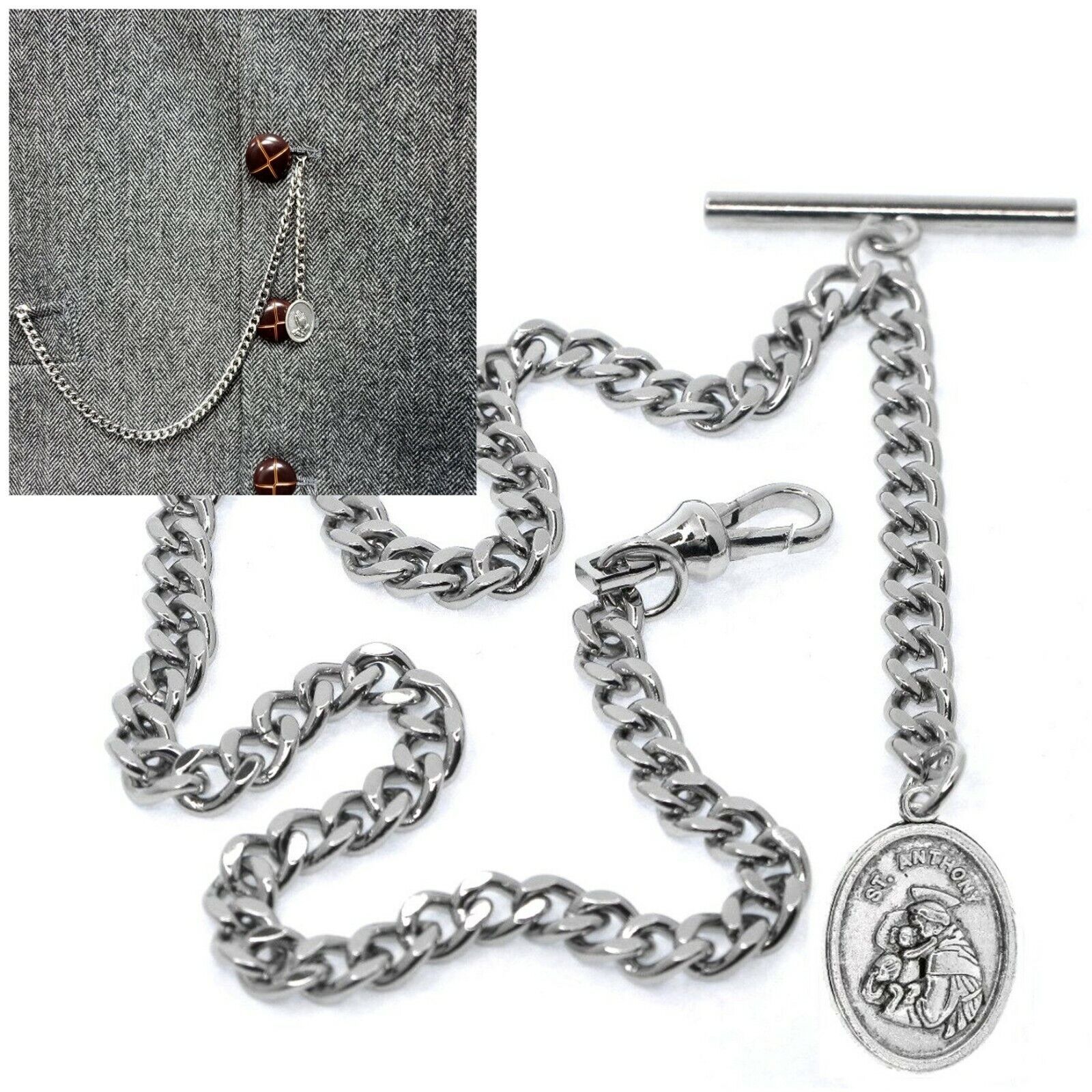 Primary image for Albert Chain Silver Pocket Watch Chain Saint Anthony Medal Fob Swivel Clasp 197