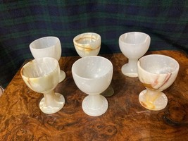 Vintage MCM Onyx Alabaster Egg Cup Goblet  Set Of 6, Carved Stone Turkey, - $45.89