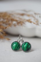 Malachite Dangle Earrings, Small Green Gemstone Lever-Back Earrings, 8mm Round S - £25.27 GBP