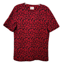 Kathie Lee Vintage 1990’s Womens L Black &amp; Red Floral Roses Crinkle Textured Top - £11.76 GBP